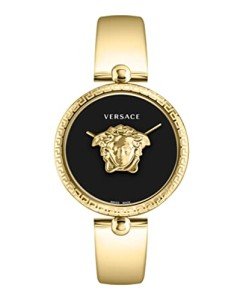 Versace Collection Luxury Womens Watch Timepiece with a Gold Bracelet Featuring a Gold Case and Black Dial