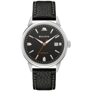 Bulova Men's Frank Sinatra Summer Wind 3 Hand Automatic Stainless Steel Case with Black Textured Leather Strap, Exhibition Caseback, Black Dial Model: 96B381