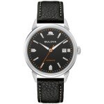Bulova Men's Frank Sinatra Summer Wind 3 Hand Automatic Stainless Steel Case with Black Textured Leather Strap, Exhibition Caseback, Black Dial Model: 96B381