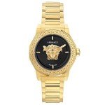 Versace Medusa Deco Collection Luxury Womens Watch Timepieces with a Gold Bracelet and Case Featuring a Black Dial