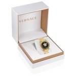 Versace Medusa Deco Collection Luxury Womens Watch Timepieces with a Gold Bracelet and Case Featuring a Black Dial