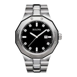 Bulova Men's Classic Stainless Steel 3-Hand Date Quartz Watch with Diamonds and Black Dial, 44mm Style: 98D103