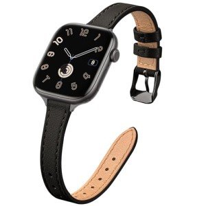 STIROLL Slim Leather Bands Compatible with Apple Watch Band 38mm 40mm 41mm 42mm(Series 10), Top Grain Leather Watch Thin Wristband for iWatch Ultra SE Series 10/9/8/7/6/5/4/3/2/1(Black with Black)