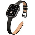 STIROLL Slim Leather Bands Compatible with Apple Watch Band 38mm 40mm 41mm 42mm(Series 10), Top Grain Leather Watch Thin Wristband for iWatch Ultra SE Series 10/9/8/7/6/5/4/3/2/1(Black with Black)