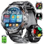 Military Smart Watch for Men(Answer/Dial Calls),1.45'' AMOLED/100 Sports Modes, 5ATM Waterproof Fitness Watch with Heart Rate/SpO2/Sleep Tracker for Android and iOS,530MAH Smartwatch Black Steel
