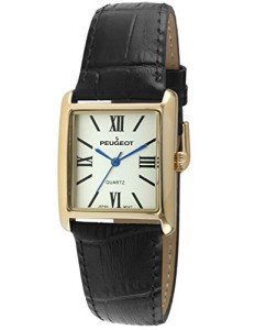 Peugeot Women's 14K Gold Plated Tank Leather Dress Watch with Roman Numerals Dial, Black