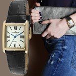 Peugeot Women's 14K Gold Plated Tank Leather Dress Watch with Roman Numerals Dial, Black