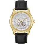 Bulova Men's Classic Sutton 4-Hand Automatic Watch with Gold Stainless Steel, Black Leather Strap,Open Aperture,Exhibition Caseback, Double Curved Mineral Crystal, 42mm (Model: 97A187)
