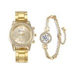 Dacdyi 3 Pcs Elegant Diamond Watches and Bracelet Set for Women Classic Round Dial Rehinestore Bezel Analog Quartz Ladies Watches