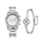 Dacdyi 3 Pcs Elegant Diamond Watches and Bracelet Set for Women Classic Round Dial Rehinestore Bezel Analog Quartz Ladies Watches