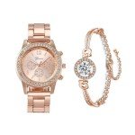 Dacdyi 3 Pcs Elegant Diamond Watches and Bracelet Set for Women Classic Round Dial Rehinestore Bezel Analog Quartz Ladies Watches