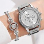Dacdyi 3 Pcs Elegant Diamond Watches and Bracelet Set for Women Classic Round Dial Rehinestore Bezel Analog Quartz Ladies Watches