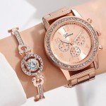 Dacdyi 3 Pcs Elegant Diamond Watches and Bracelet Set for Women Classic Round Dial Rehinestore Bezel Analog Quartz Ladies Watches