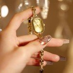 CARLIEN Women Vintage Petite Bracelet Gold Dainty Watch Small Oval Analog Quartz Watch Luxury Waterproof Ladies Diamonds Wristwatch (Gold)