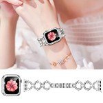Mesime Compatible with Apple Watch Band 38mm 40mm 41mm 42mm 44mm 45mm , Women Girl Bling Diamond Jewelry Metal Strap Bands with Crystal Tempered Glass Screen Protector Case, Round Shiny Bracelet