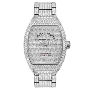 Fowllei mirren Diamond Wrist Watch for Men, Mechanical Automatic Watch Waterproof Wrist Watch for Women Analog Watch Thousand Diamond Luxury Fashion Gift Tonneau Diamond Watch (Silver)