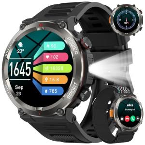 Military Smart Watch for Men, 100 Days Battery/Led Flashlight/Compass/2 Straps/IP68 Waterproof Smart Watches for Men, Tactical Smart Watch Outdoor, Answer/Make Calls Fitness Tracker for iPhone/Android
