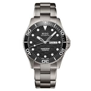 MIDO Ocean Star 200C Titanium - Swiss Automatic Diving Watch for Men - 42.5mm Stainless Steel Case - Rotating Ceramic Bezel - Black Wave-Design Dial with Day,Date Calendar - Stainless Steel Bracelet - M0424304405100