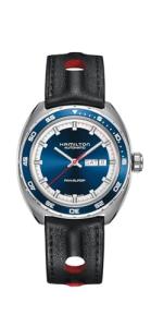 Hamilton Watch American Classic Pan Europ Day Date Auto | Swiss Made | 42mm Stainless Steel Case | Blue Dial Analog Watch | Black Leather Strap (Model: H35405741)