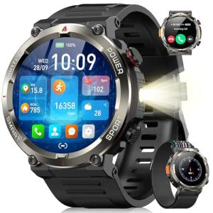 Military Smart Watch for Men(Answer/Make Calls),Outdoor Smartwatch with 100 Days Battery/Flashlight/Compass/Heart Rate/SpO2/Sleep Monitor/2 Straps, Rugged Fitness Watch for iPhone/Android Phones