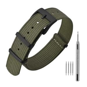 ANNEFIT Nylon Watch Band 22mm, One-Piece Waterproof Military Watch Straps with Heavy Black Buckle (Army Green)