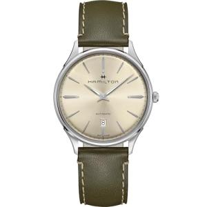 Hamilton Watch Jazzmaster Thinline Auto | Swiss Made | 40mm Stainless Steel Case | White Dial Analog Watch | Green Leather Strap (Model: H38525811)