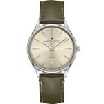 Hamilton Watch Jazzmaster Thinline Auto | Swiss Made | 40mm Stainless Steel Case | White Dial Analog Watch | Green Leather Strap (Model: H38525811)