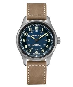 Hamilton Watch Khaki Field Titanium Auto | Swiss Made | 42mm Titanium Case | Blue Dial Analog Watch | Brown Leather Strap (Model: H70545540)