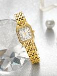 O.M.J Women's Square Watch Gold-Tone Stainless Steel Crystal Bezel 3ATM Water Resistant
