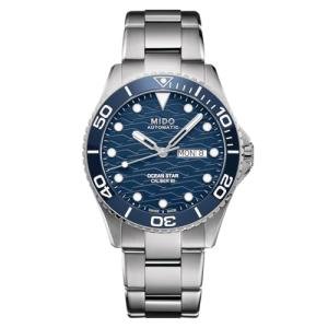 MIDO Ocean Star 200C - Swiss Automatic Diving Watch for Men - 42.5mm Stainless Steel Case - Rotating Ceramic Bezel - Blue Wave-Design Dial with Day,Date Calendar - Stainless Steel Bracelet - M0424301104100