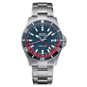 MIDO Ocean Star GMT - Swiss Automatic Watch for Men - 44mm Stainless Steel Case with Blue and Red Ceramic Rotating Bezel - Blue Dial - Stainless Steel Bracelet - M0266291104100