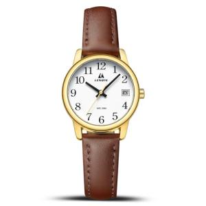 LN LENQIN Ladies Watches Analog Quartz Watch for Women Waterproof Women's Wrist Watches Easy Reader Womens Watch with Leather Strap (Dark Brown Gold White)