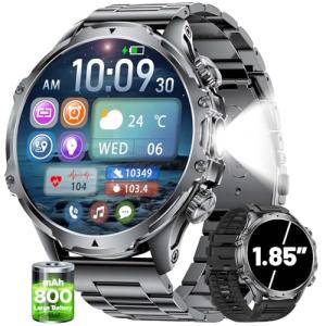 Militrary Smart Watch for Men,1.85" HD/800mAh Battery Smart Watches for Android/iOS (Bluetooth Call Answer/Calls)Fitness Tracker,Flashlight/IP68 Waterproof/100+ Sports/Sleep Tracker Smartwatch Large