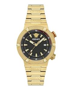 Versace Greca Logo Diver Collection Luxury Mens Watch Timepieces with a Gold Bracelet and Case Featuring a Black Dial
