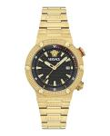 Versace Greca Logo Diver Collection Luxury Mens Watch Timepieces with a Gold Bracelet and Case Featuring a Black Dial