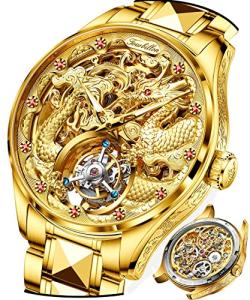 OUPINKE Gold Dragon Watches for Men Tourbillon Skeleton Mechanical Luxury Dress Automatic Self Winding Tungsten Steel Waterproof Sapphire Crystal Luminous Men’s Wrist Watch