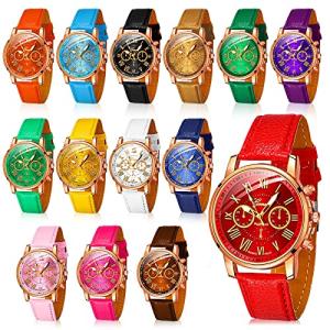 Yinkin 14 Pcs Assorted Platinum Watch Unisex Quartz Watch Sets for Women Men Ladies Watches Roman Numerals PU Leather Women's Wrist Watches