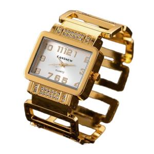 Weicam Luxury Women Crystal Rectangle Dial Watch Cuff Bangle Bracelet Analog Quartz Wristwatches (Gold)