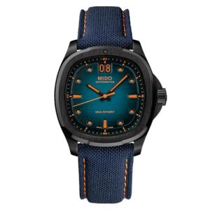MIDO Multifort TV Big Date - Swiss Automatic Watch for Men - 40mm Black PVD Case - Blue Dial - Blue Fabric Strap with Orange Stitching- M0495263704100