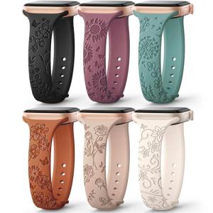 AMSKY 6 Pack Slim Floral Engraved Bands Compatible with Apple Watch Band 40mm 41mm 42mm 38mm 44mm 45mm 46mm 49mm for Women,Cute Silicone Sport Strap for iWatch Series 10 Ultra 9 8 7 6 5 4 3 2 1 SE