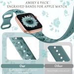 AMSKY 6 Pack Slim Floral Engraved Bands Compatible with Apple Watch Band 40mm 41mm 42mm 38mm 44mm 45mm 46mm 49mm for Women,Cute Silicone Sport Strap for iWatch Series 10 Ultra 9 8 7 6 5 4 3 2 1 SE