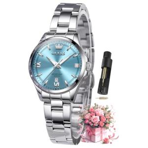 OLEVS Women's Wrist Watches Luxury Elegant Stainless Steel Blue Dial Waterproof Luminous Diamond Women's Fashion Watch Ladies Watches for Small Wrist