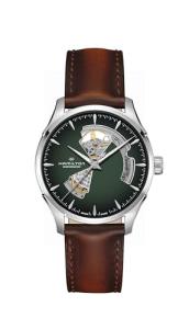 Hamilton Watch Jazzmaster Open Heart Auto | Swiss Made | 40mm Stainless Steel Case | Green Dial Analog Watch | Brown Leather Strap (Model: H32675560)