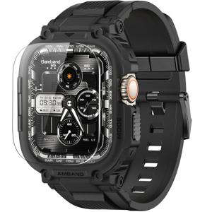 amBand Bands Case Screen Protector Compatible with Apple Watch Ultra 2/1 49mm for Men, M1 Sport Series Rugged Cover Strap and 9H Tempered Glass, Military Protective Bumper for iWatch 49 mm Men Black
