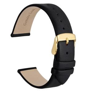 WOCCI 16mm Lug Width, Elegant Watch Band, Genuine Leather Replacement Strap with Gold Buckle (Black)