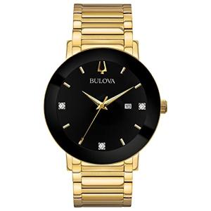 Bulova Men's Modern Gold Tone Stainless Steel 3-Hand Calendar Date Quartz Watch, Black Dial with Diamonds Style: 97D116
