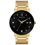 Bulova Men's Modern Gold Tone Stainless Steel 3-Hand Calendar Date Quartz Watch, Black Dial with Diamonds Style: 97D116