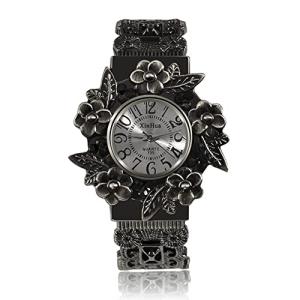 Weicam Women Vintage Cuff Bangle Bracelet Watch Carved Flowers Analog Quartz Wrist Watch