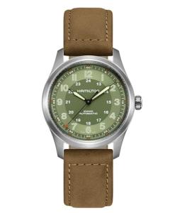 Hamilton Watch Khaki Field Titanium Auto | Swiss Made | 38mm Titanium Case | Green Dial Analog Watch | Brown Leather Strap (Model: H70205860)