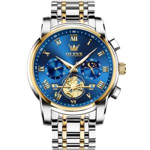 OLEVS Blue Watches for Men Analog Quartz Stainless Steel Fashion Sport Mens Wrist Watch Classic Luminous Dress Mens Watches Gold and Silver Chronograph Moon Phase Luxury Relojes para Hombres